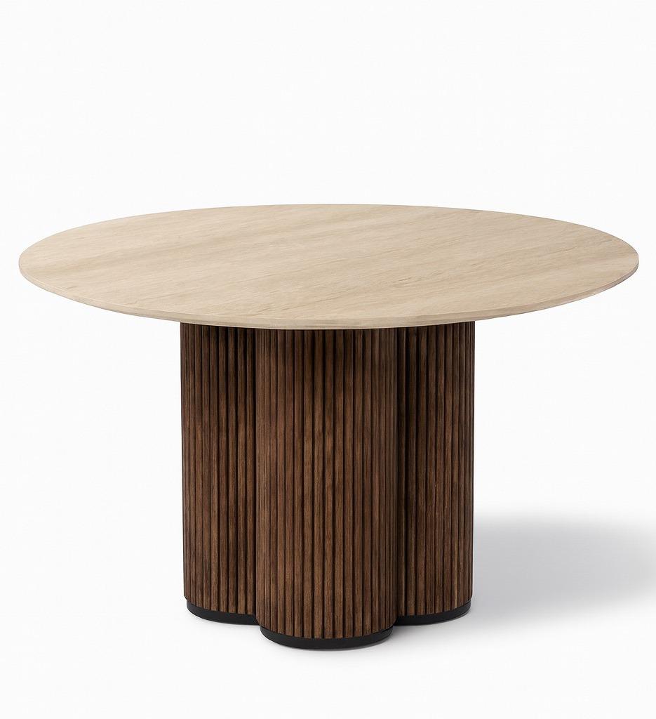 Ronde japandi tafel Travertin 120x120cm met walnoot poot, Ophalen, Japandi, Rond, Nieuw