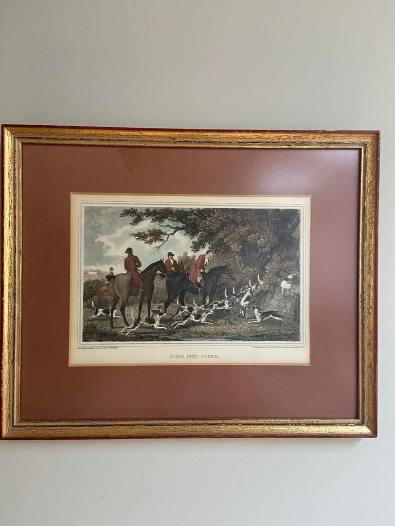 Mooie gekleurde ingelijste jachtprent “ Going into cover”, Ophalen of Verzenden