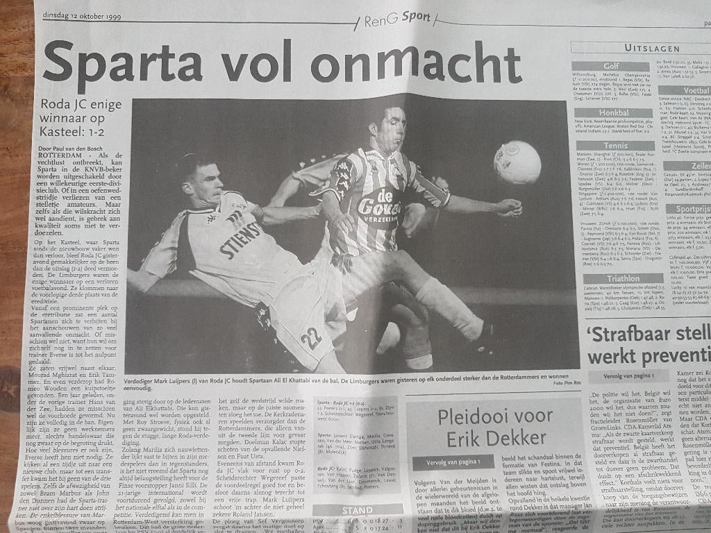 VOETBAL Wedstrijd Roda JC tegen Sparta (1999), Ophalen of Verzenden, 1980 tot heden, Knipsel(s)