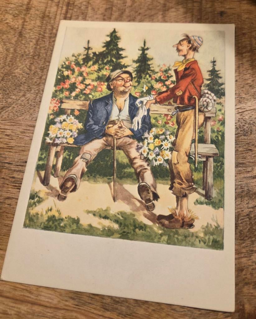 Twee oude mannetjes met wandelstok op een bankje, Verzenden, Ongelopen, Overige thema's