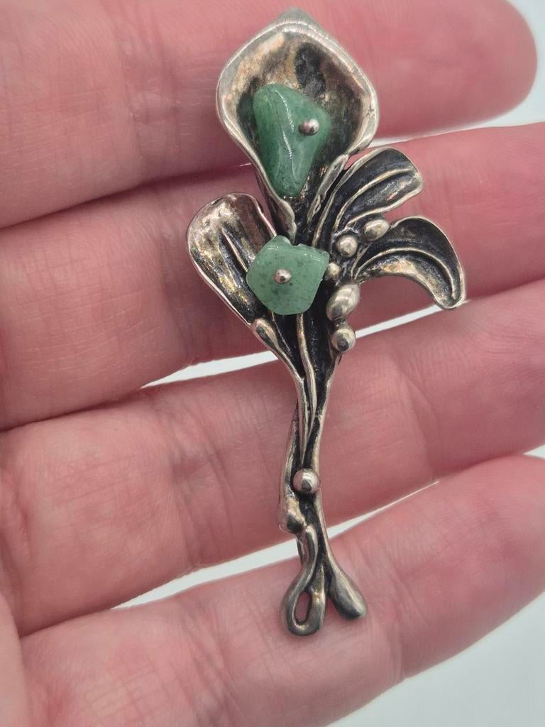Vintage Zilveren Broche met Jade, Verzenden, Gebruikt, Zilver, Zilver