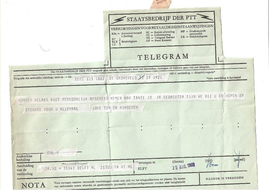 PTT telegram uit 1969 Delft, Verzamelen, Ophalen of Verzenden, Overige typen