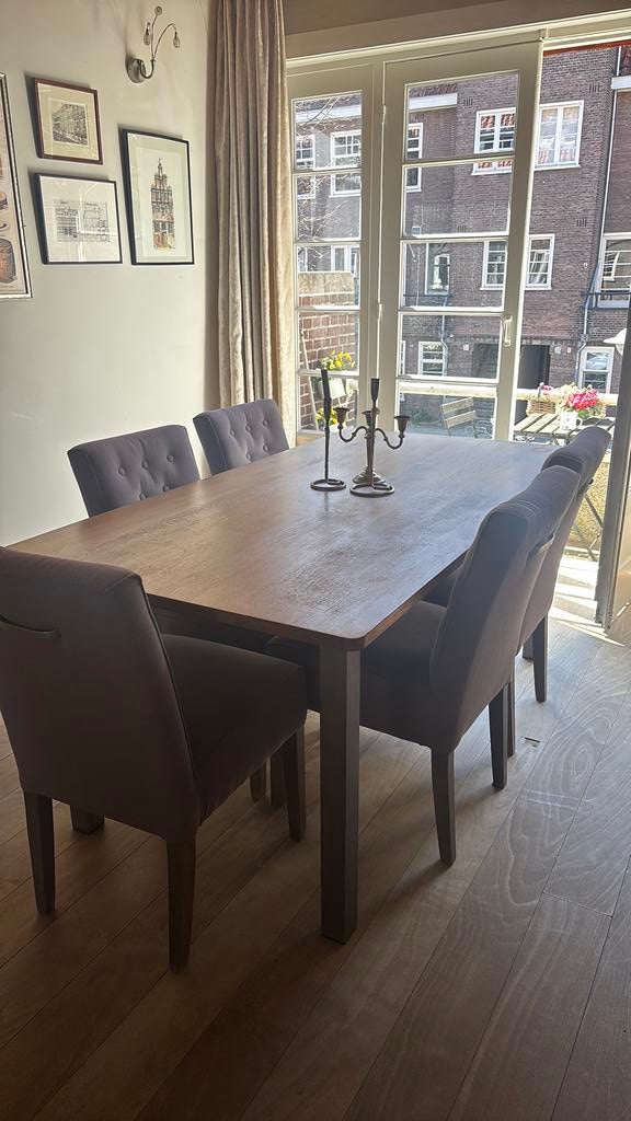 Mooie houten eettafel met stalen poten incl. Stoelen, Ophalen, Gebruikt, 50 tot 100 cm, Vijf personen of meer