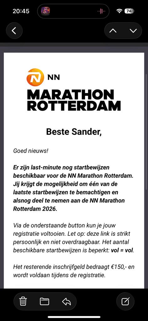 Inschrijflink marathon Rotterdam, Ophalen of Verzenden, Nieuw, Overige typen, Overige merken