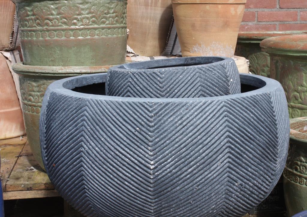 Ronde bloempotten plantenschaal grijs olijfgroen visgraat, Ophalen, Overige materialen, 40 cm of meer, Rond