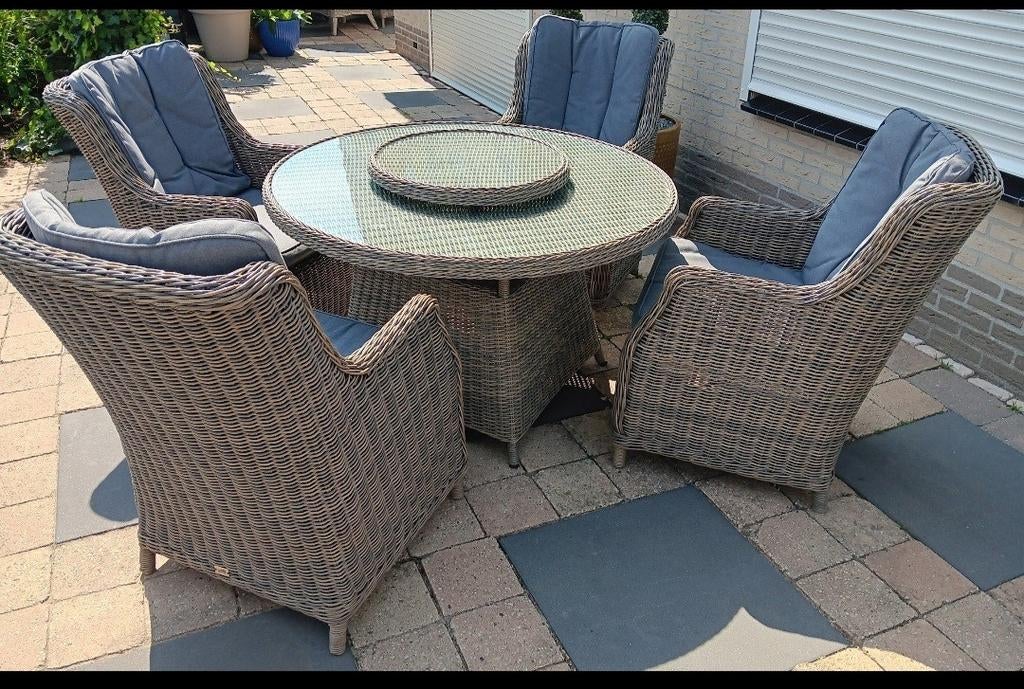 Ronde wicker tuinset met lazy susan, Ophalen, 4 zitplaatsen, Gebruikt, Wicker