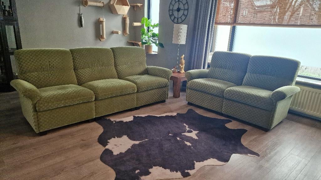 Modulaire vintage jaren 60 bankstel – appelgroen fluweel, Huis en Inrichting, Banken | Bankstellen, Gebruikt, Rechte bank, Vierpersoons of meer