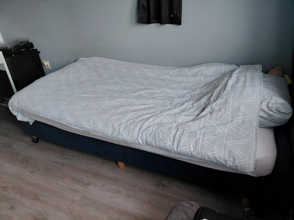 Donkerblauwe 1-persoons boxspring, Ophalen, Gebruikt, Tweepersoons