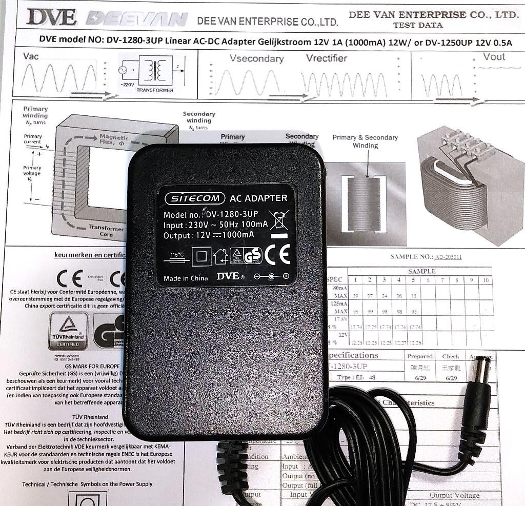 DVE DV-1280-3UP AC DC Adapter 12V 1A 12W Lader Voeding, Audio, Tv en Foto, Opladers, Zo goed als nieuw, Ophalen of Verzenden