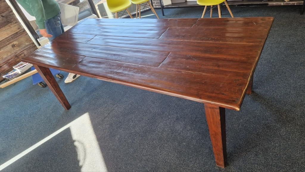 Massief eiken eettafel 100 x 220 rustiek, Ophalen, Gebruikt, 100 tot 150 cm, Rustiek