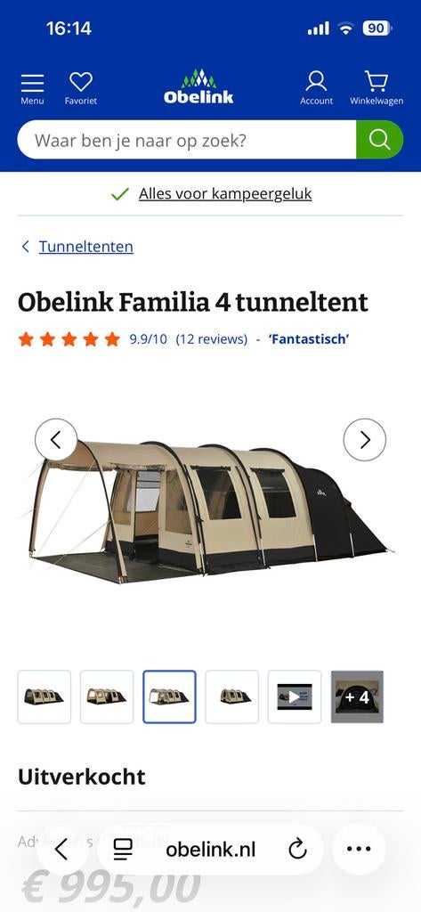 4 persoons tunneltent Obelink, 3 x gebruikt., Caravans en Kamperen, Tenten, Ophalen, Gebruikt, Tot en met 4