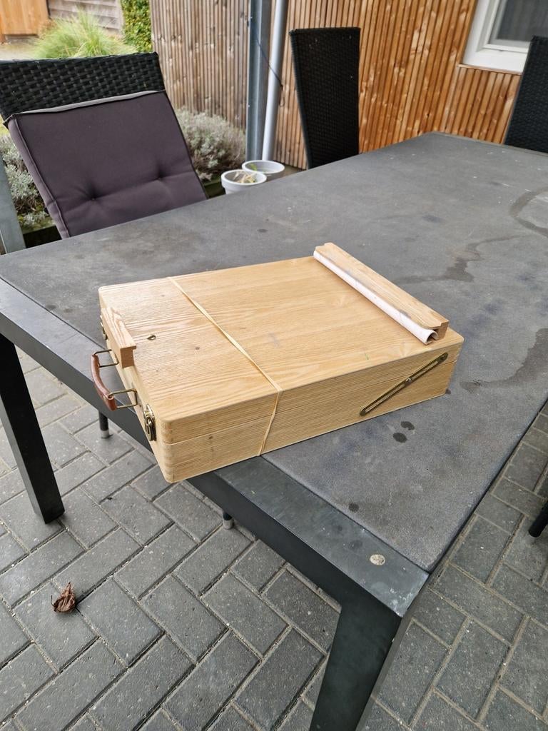 Houten schilderkist met acrylverf en palet, Hobby en Vrije tijd, Ophalen of Verzenden