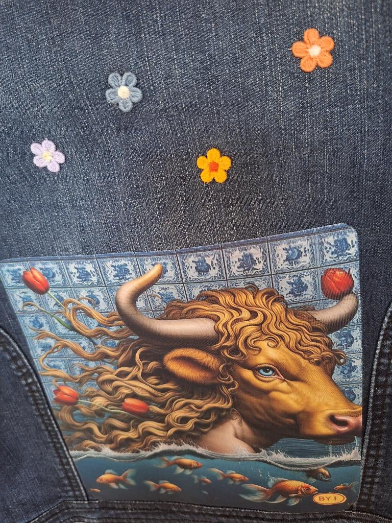 meisje met Ossekop, Delfts blauw, bolero, dames spijkerjasje, Ophalen of Verzenden, Zo goed als nieuw, Maat 38/40 (M), Blauw