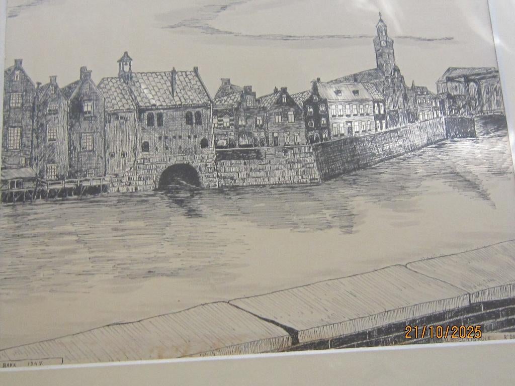 Delfshaven R.dam, Mooie gesigneerde tekening vanJ. BAKX 1947, Ophalen of Verzenden