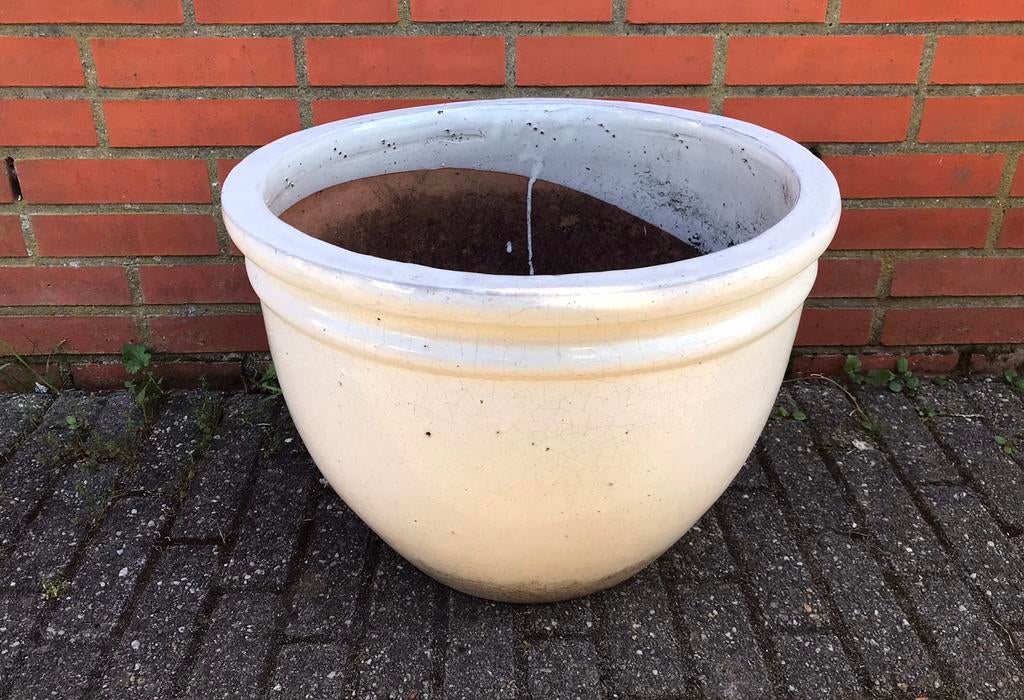 Grote geglazuurde bloempot beige/ ecru kleur, Ophalen of Verzenden, Zo goed als nieuw, Rond, Aardewerk