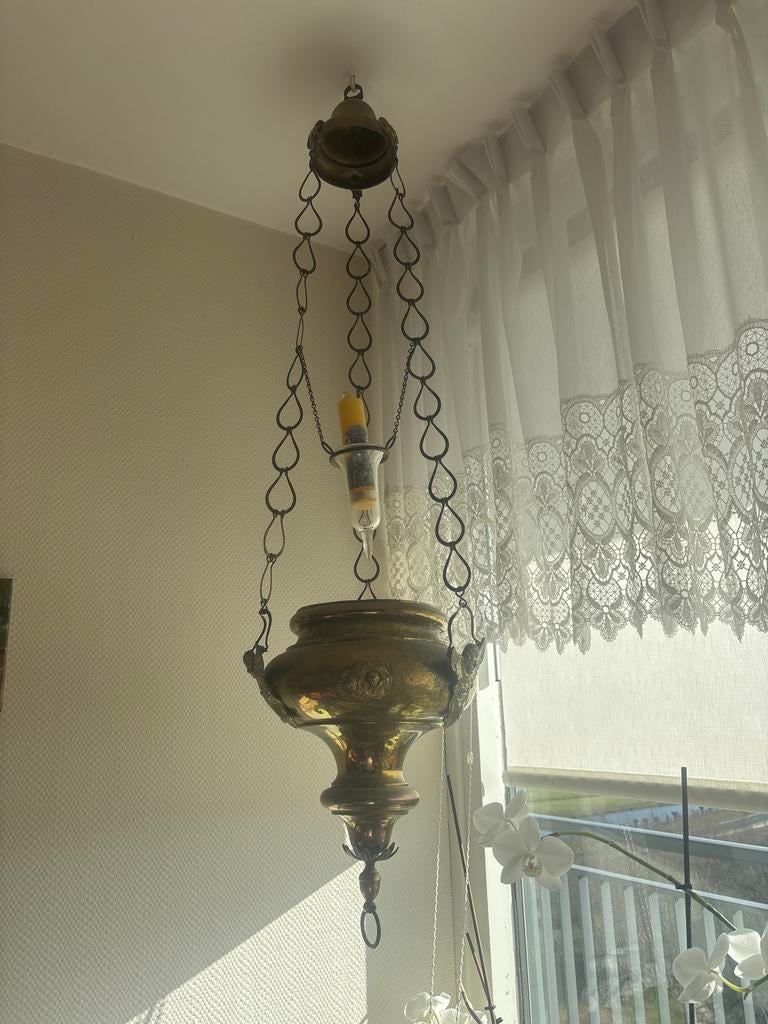 Antieke Kaarslamp met Engelmotief godslamp, Ophalen of Verzenden, Brons