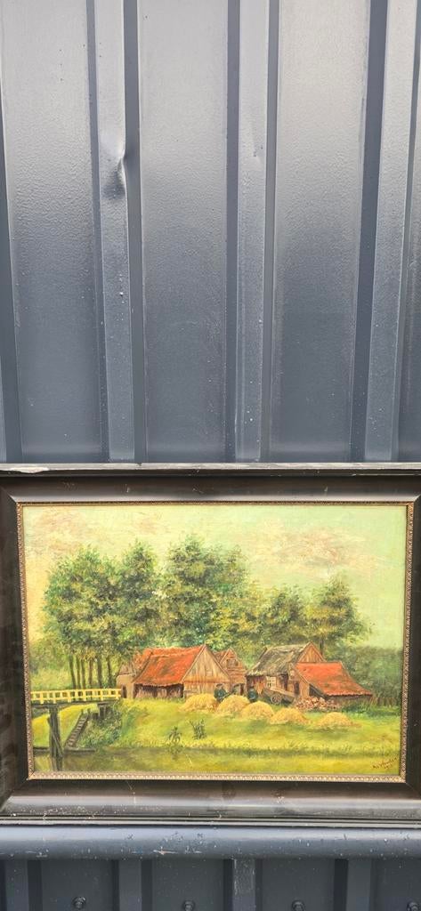 Sfeervol Boerderijlandschap met Bruggetje, Olieverf, Antiek en Kunst, Ophalen