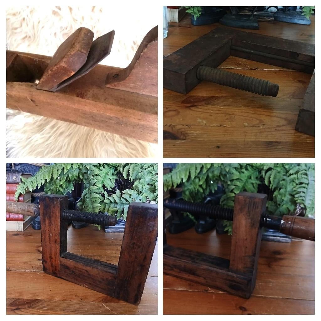 Antiek oude houten schaaf reischaaf en lijmklem industrieel, Antiek en Kunst, Curiosa en Brocante, Ophalen of Verzenden