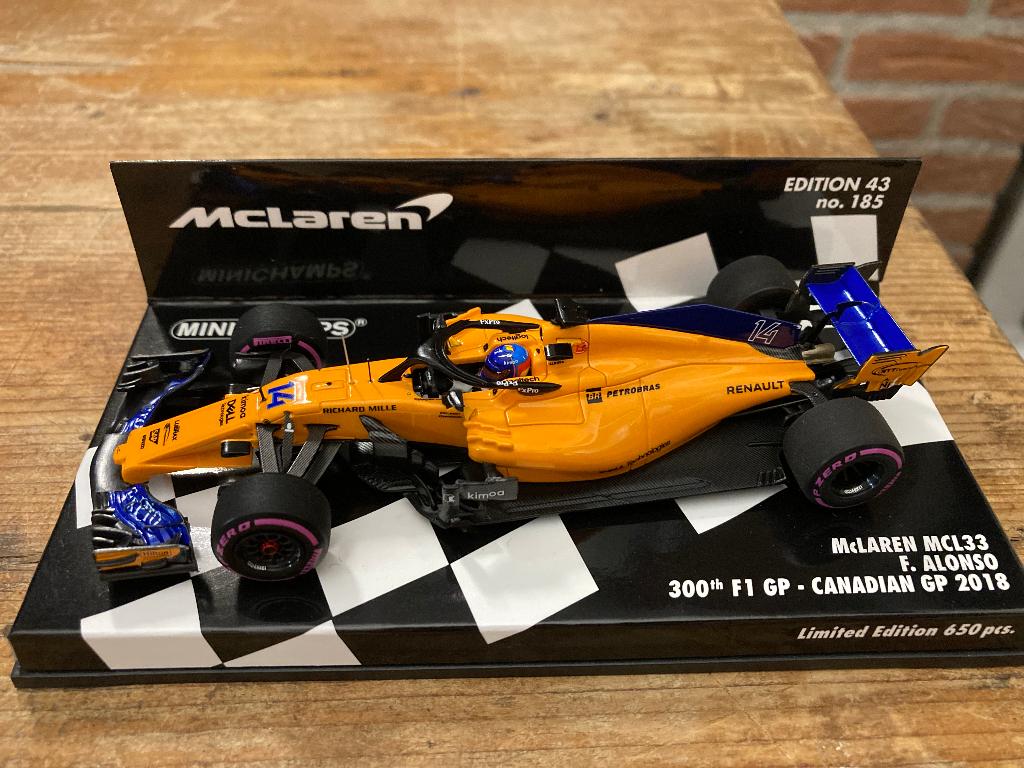 ✅ Fernando Alonso 1:43 300th F1 GP Canadian GP 2018 Mclaren, Ophalen of Verzenden, Nieuw, Formule 1