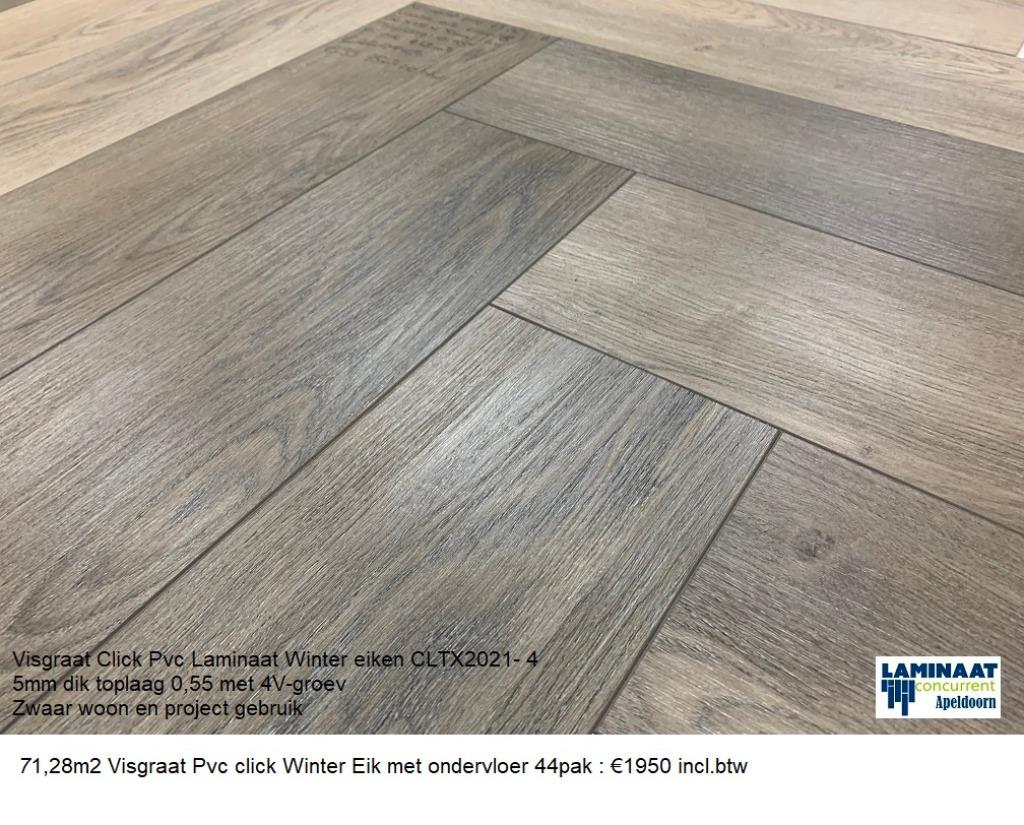 71,28m2 Visgraat Pvc click Winter Eik met :€1950 UITVERKOCHT, 75 m² of meer, Grijs, Nieuw, Ophalen of Verzenden