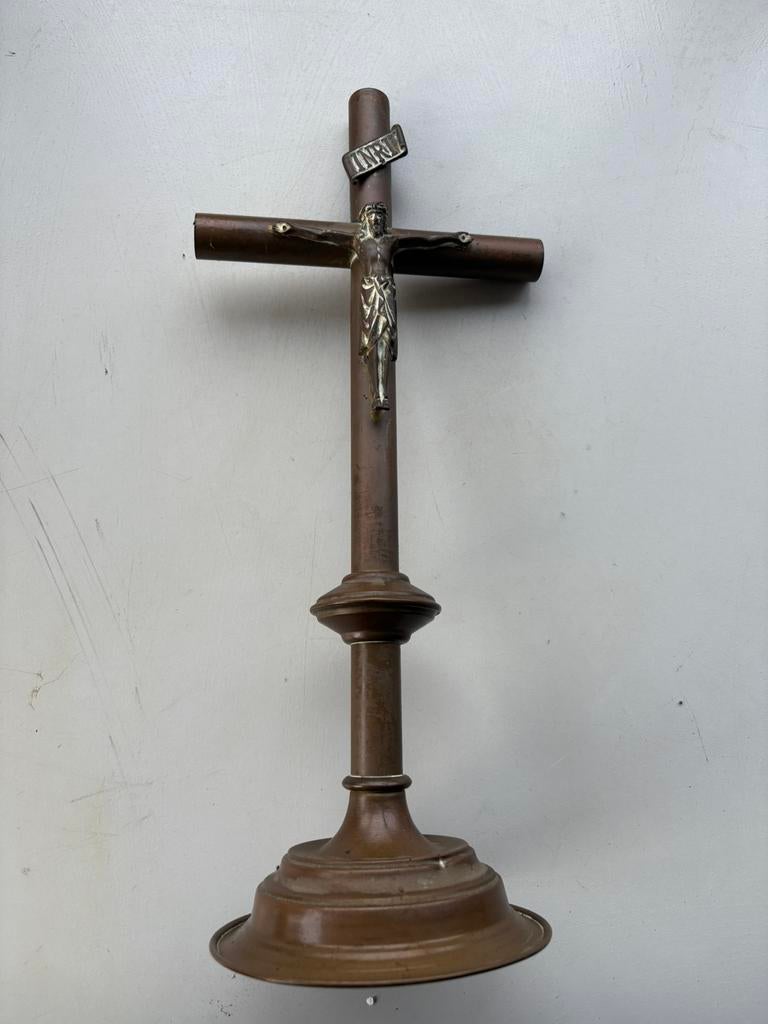(R) Antiek Staand Kruis met Jezusbeeld & INRI-plaatje,god, Antiek en Kunst, Antiek | Religie, Verzenden