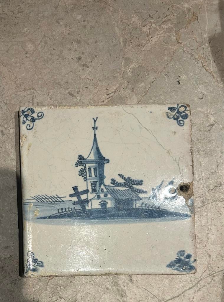 Delfts blauwe tegel met landschap, Antiek en Kunst, Ophalen