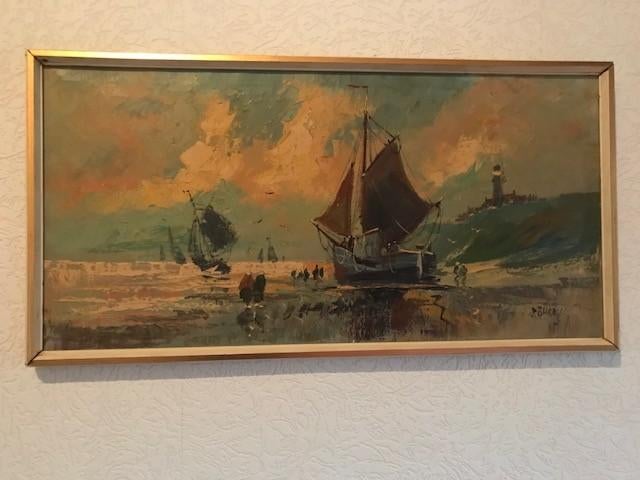 Schilderij 'Vuurtoren en gestrande vissersboot', Antiek en Kunst, Kunst | Schilderijen | Klassiek, Ophalen of Verzenden