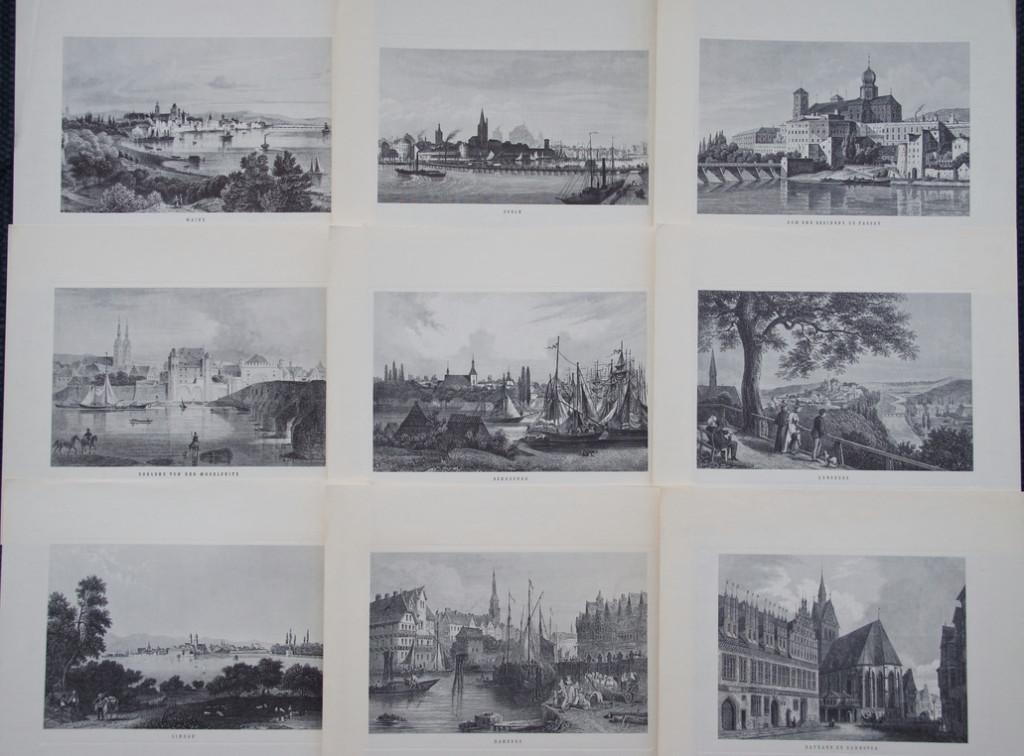17 duitse gravuren, van steden langs de Rijn . staalgravuren, Ophalen of Verzenden
