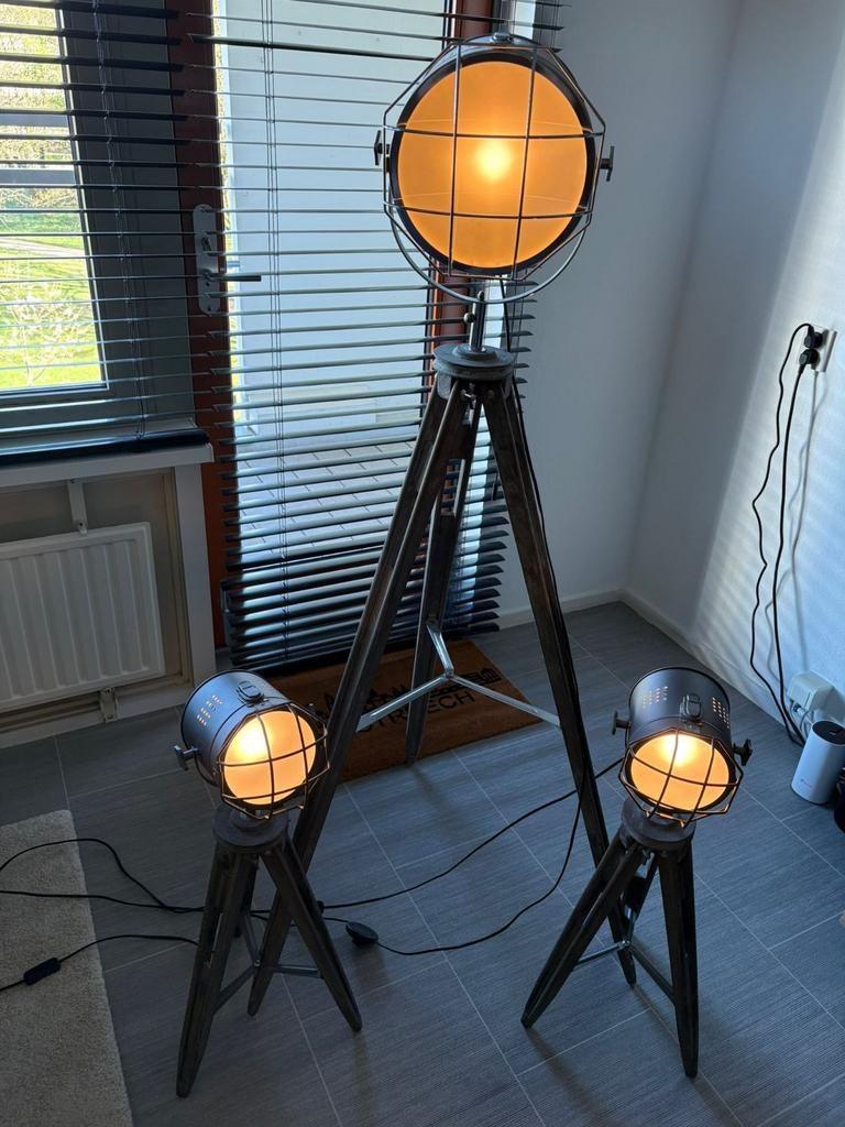 Set industriële vintage tripod sta-lampen, Ophalen, Nieuw, Industrial / Vintage