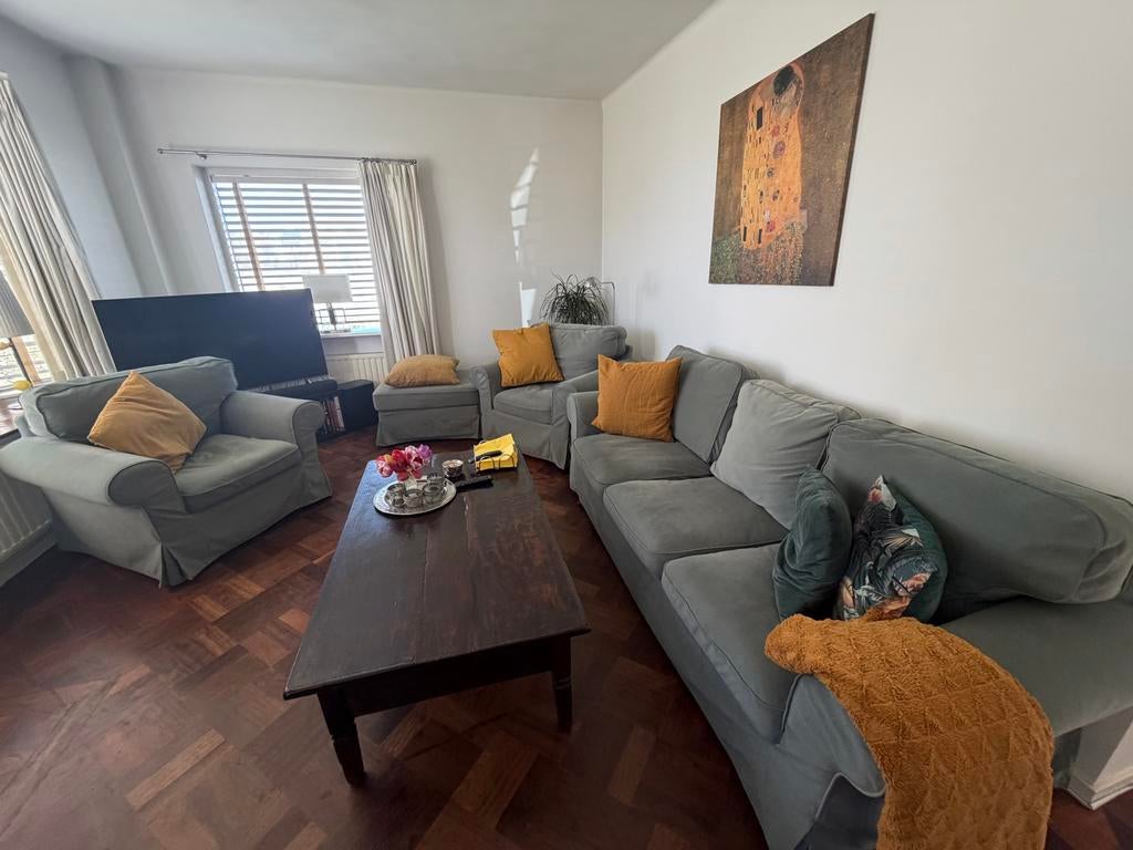 IKEA Ektorp 3-zitsbank, 2 fauteuils en hocker - ZGAN, Ophalen, 75 tot 100 cm, Zo goed als nieuw, Rechte bank