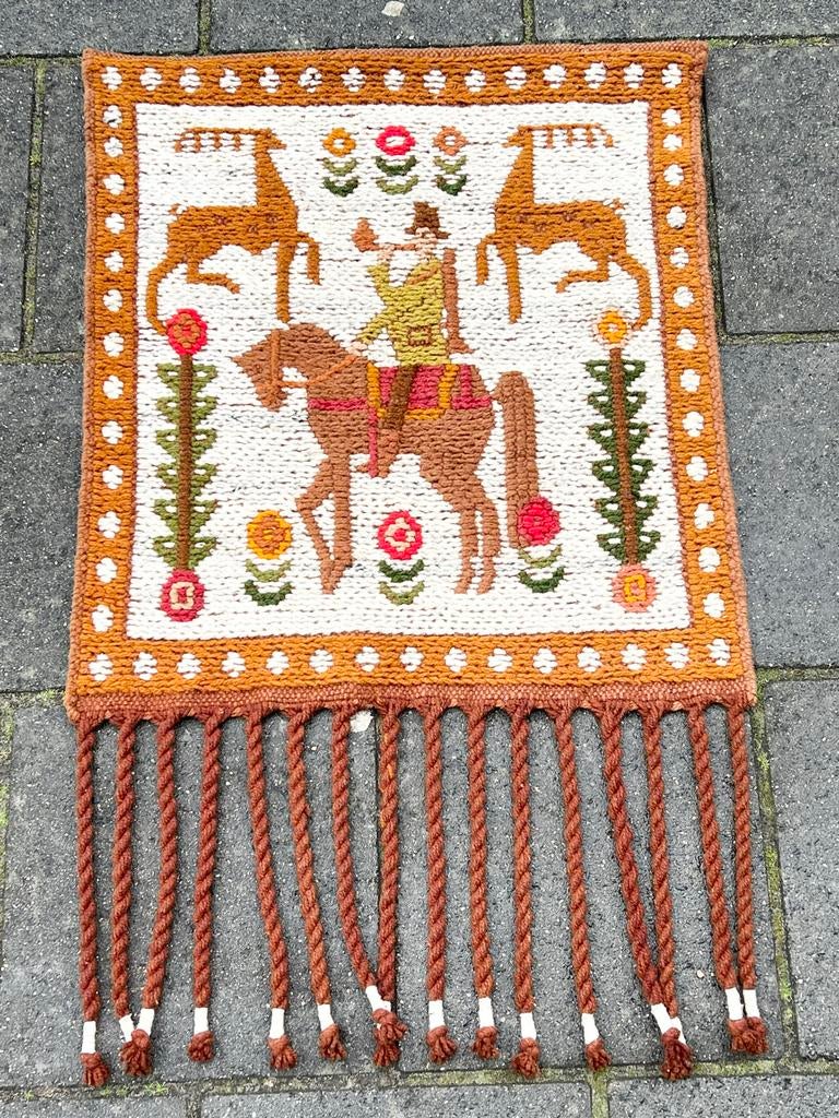 Vintage wandkleed Handgemaakte met ruiter en herten 50x65 cm, Ophalen of Verzenden