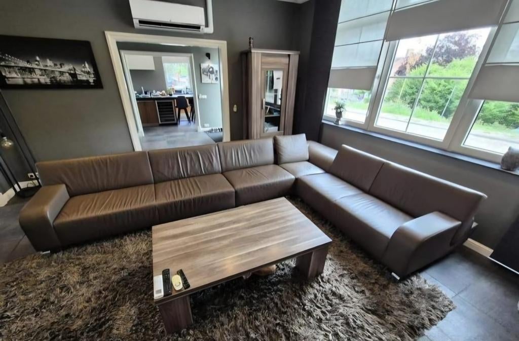 Ruime design hoekbank Leolux Flat B, bruin. 390 x 265 cm, Ophalen, Gebruikt, Hoekbank, 300 cm of meer