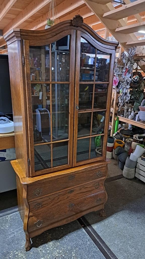 Antieke vitrinekast met lades - 90x44x187 cm, Gebruikt, Met deur(en), Glas, Antiek