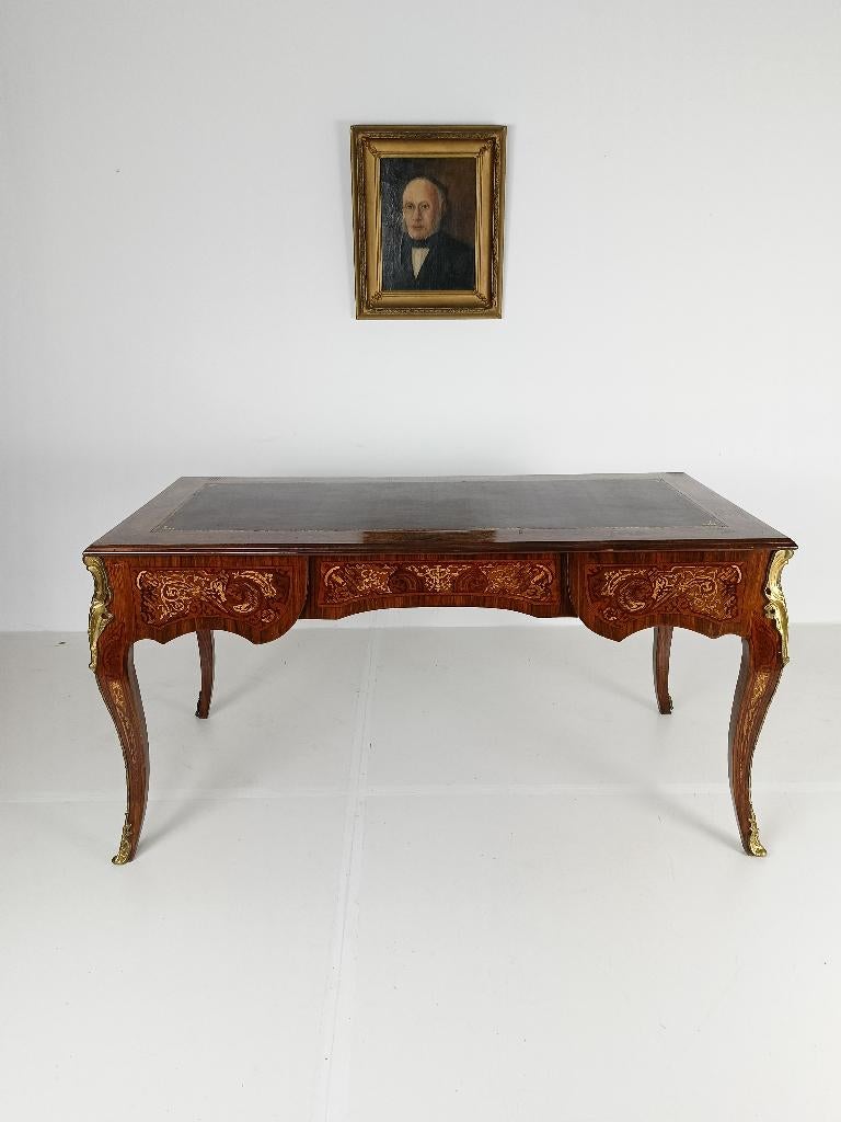 Louis XV dubbelzijdig mahonie en rozenhout plat bureau, Ophalen of Verzenden
