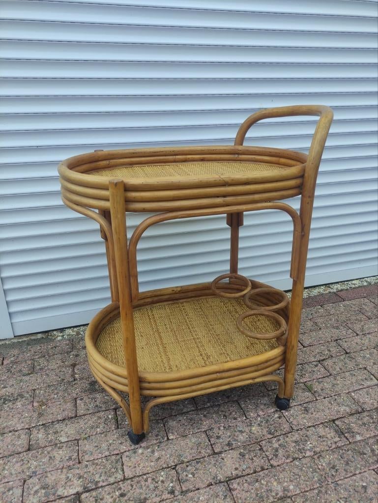 Vintage Bamboe-Rotan Serveer Trolley, Ophalen