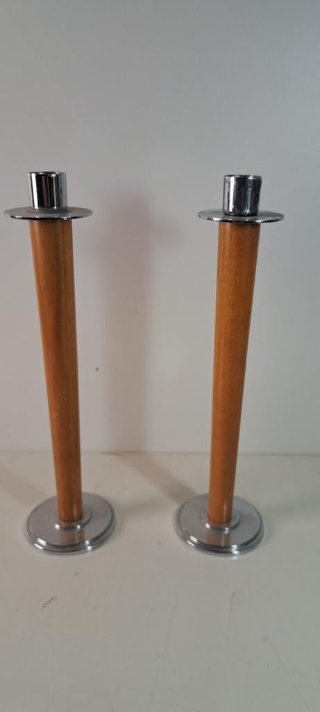 Vintage MCM Scandi Teak en Chroom Kandelaars, Ophalen of Verzenden