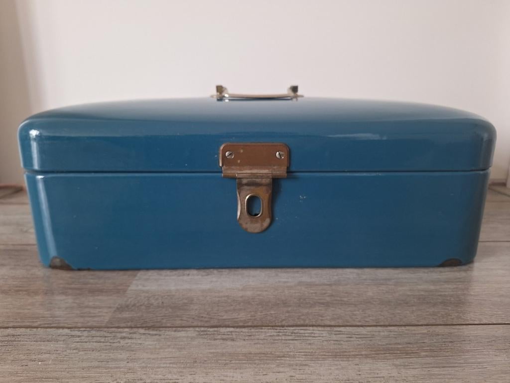 Vintage petrol emaille broodkist of opbergkist, Antiek en Kunst, Ophalen of Verzenden