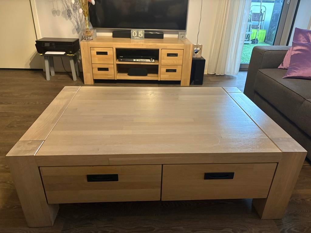 Salontafel met 4 lades - Licht hout, Huis en Inrichting, Tafels | Salontafels, Ophalen, Gebruikt, 100 tot 150 cm, 50 tot 100 cm