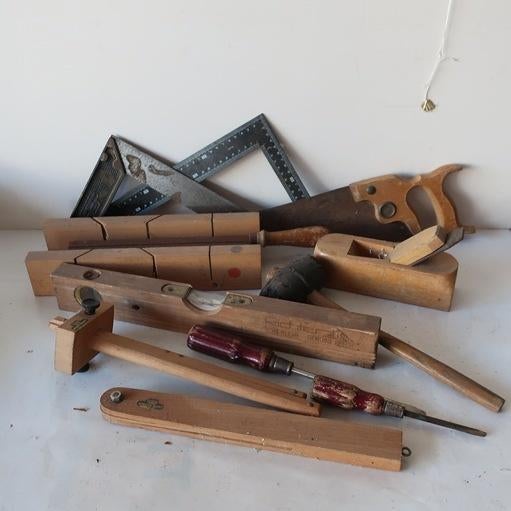 Oud gereedschap hout zaag schaaf waterpas winkelhaak SET, Antiek en Kunst, Ophalen of Verzenden