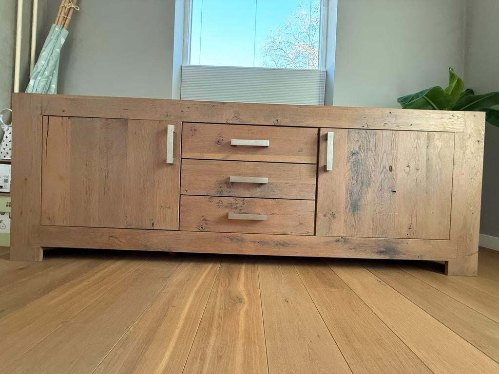 Robuust eiken dressoir met lades en deuren, Huis en Inrichting, Kasten | Dressoirs, Ophalen, Gebruikt, Eikenhout, 200 cm of meer