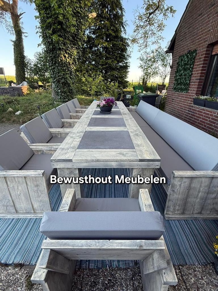 ACTIE!!Tuinset Stone van steigerhout. Tuintafel met stoelen!, Steigerhout, Ophalen of Verzenden, Zo goed als nieuw, Bank