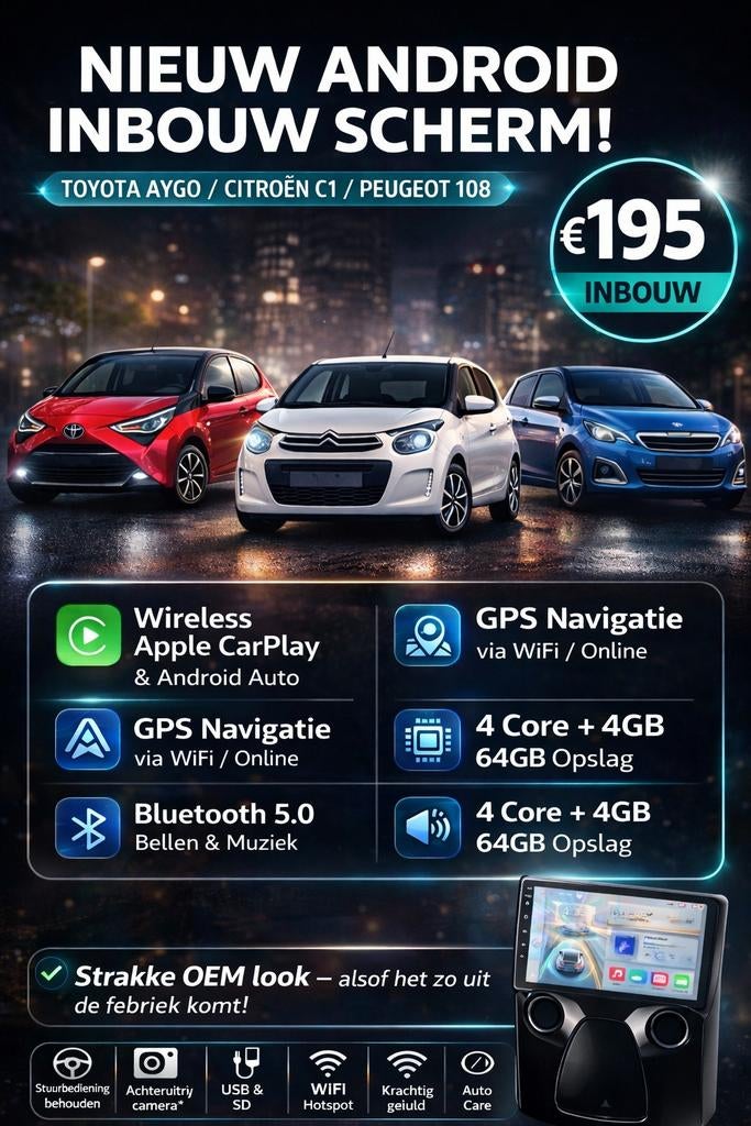 CarPlay scherm Aygo C1 108 | Navigatie + BT, Ophalen of Verzenden, Nieuw