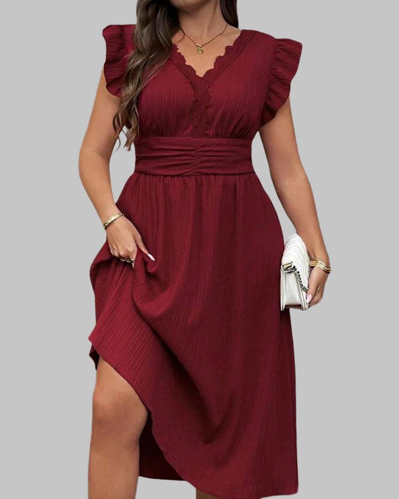 Elegante bordeauxrode midi-jurk met ruches, Kleding | Dames, Grote Maten, Nieuw, Jurk, Rood, Verzenden