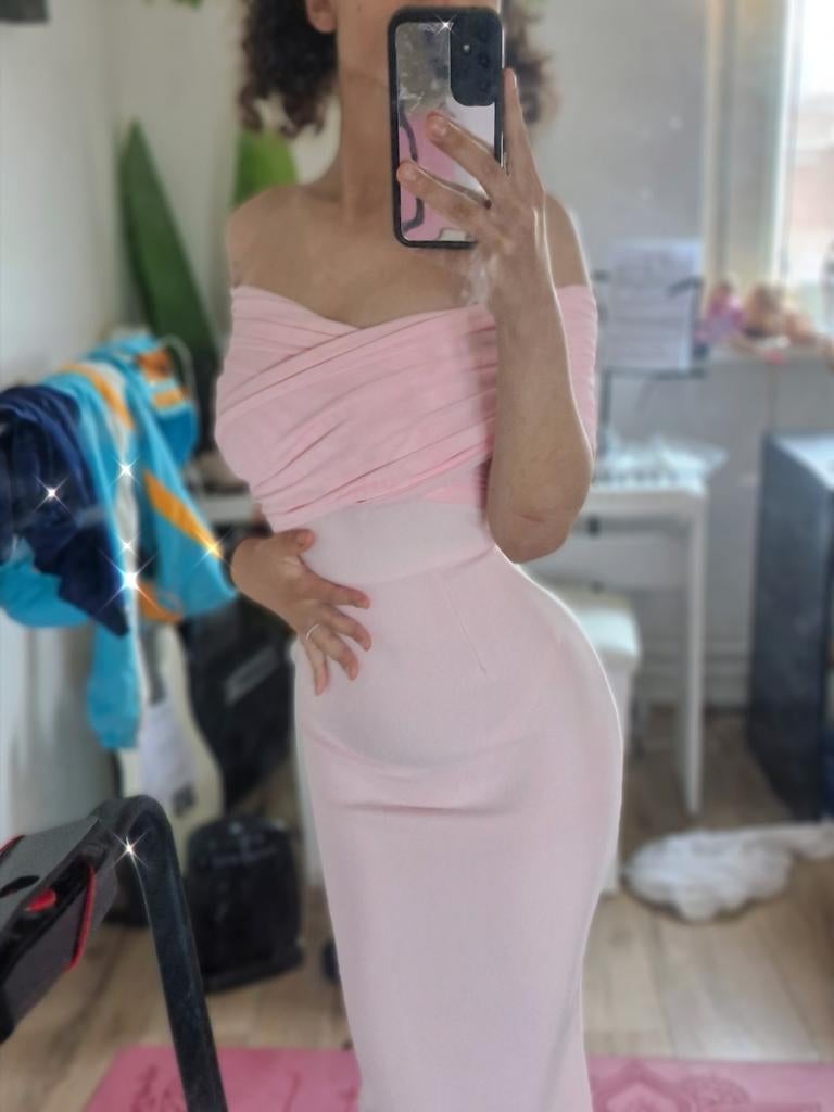 Roze off-shoulder galajurk/miss verkiezing jurk XS/S, Nieuw, Ophalen of Verzenden, Roze, Maat 34 (XS) of kleiner