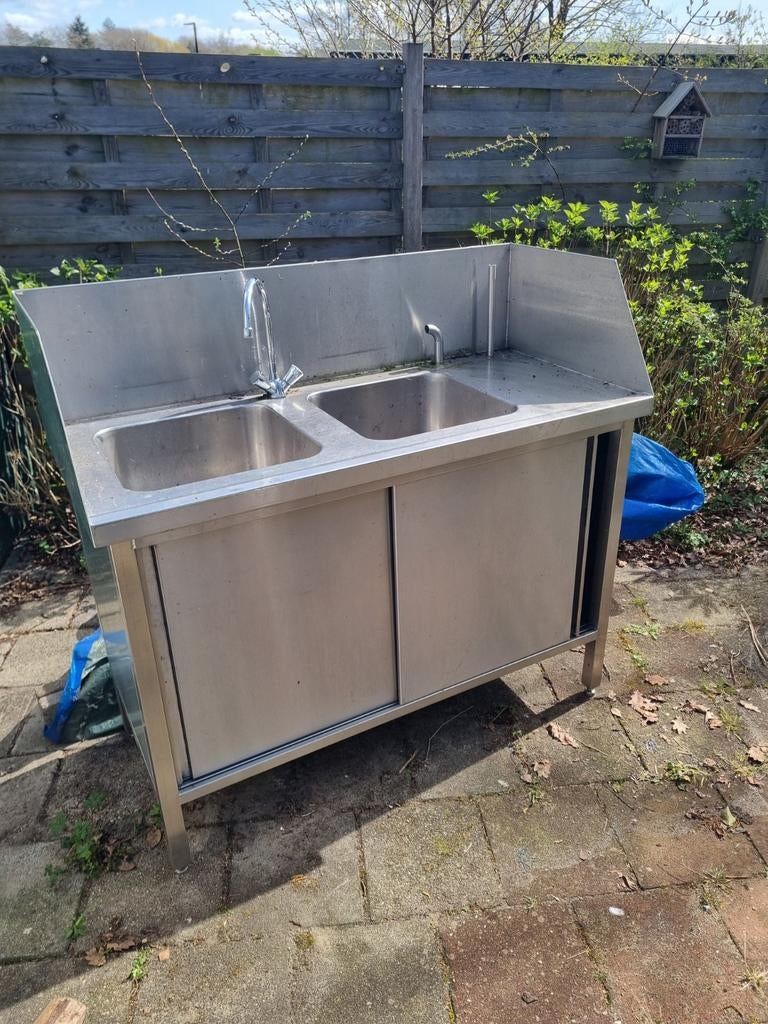 RVS Horeca Spoeltafel Keukenblok met Dubbele Spoelbak, Ophalen, Gebruikt, RVS Meubilair