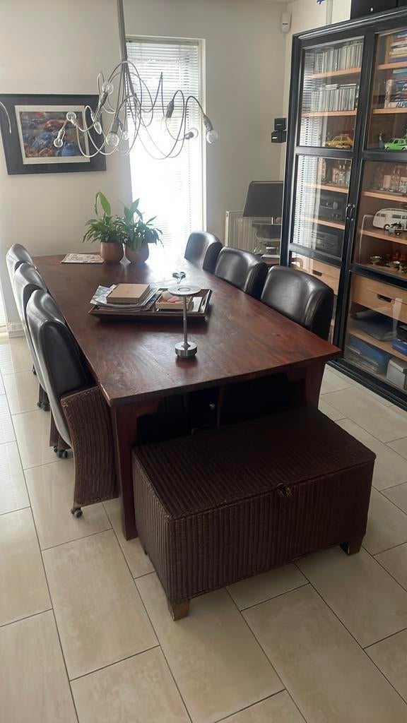 tafel tropische hardehout 6 Loyd Loom  stoelen leder, Ophalen of Verzenden, Zo goed als nieuw, 4 tot 6 stoelen