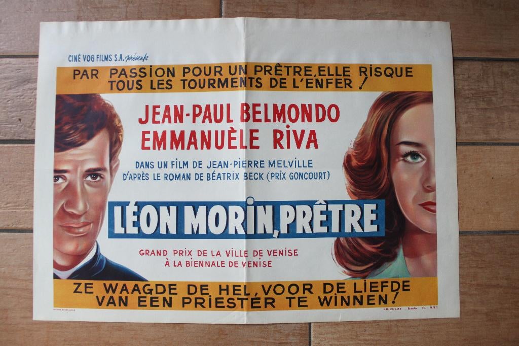 filmaffiche Jean-Paul Belmondo Léon Morin Pretre filmposter, Rechthoekig Liggend, Ophalen of Verzenden, Zo goed als nieuw, A1 t/m A3