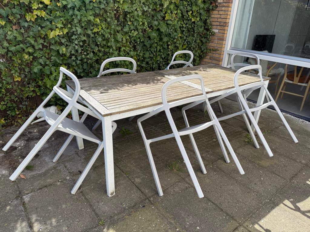 Tuintafel Jysk 206x90 cm met 6 IKEA x HAY stoelen, Tuin en Terras, Tuinsets en Loungesets, Gebruikt, Tuinset, Hout, 6 zitplaatsen