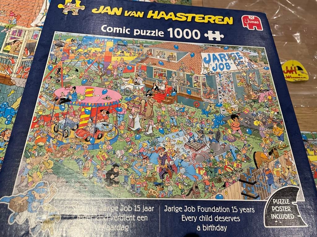 Jan van Haasteren Jarige Job 1000 stukjes compleet netjes, Ophalen of Verzenden, 500 t/m 1500 stukjes, Zo goed als nieuw, Legpuzzel