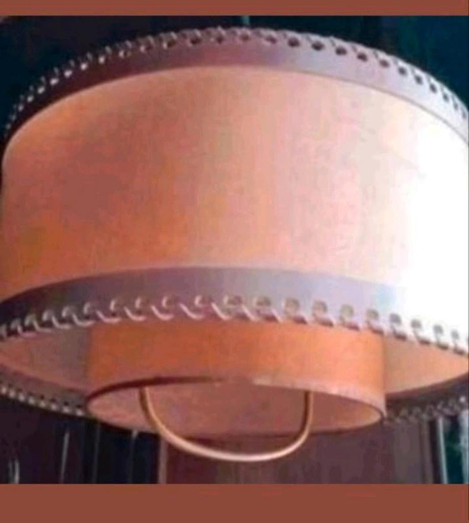 Hollywood regency Hanglamp Geolied Perkament met Bruin Leer, Gebruikt, Vintage, Ophalen of Verzenden, Stof